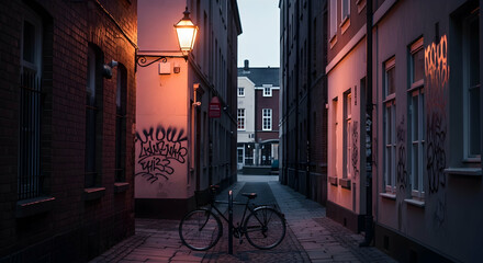 Evening Luminescence: Bicycle Resting in a Quiet Alleyway Amongst Urban Structures