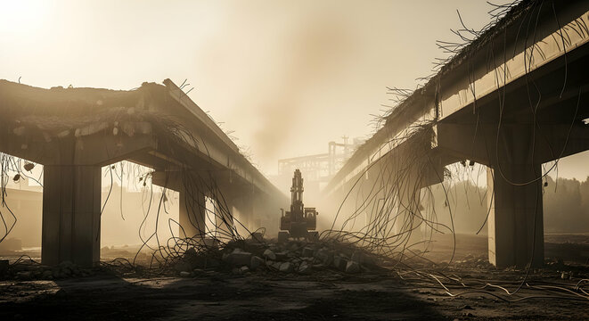 Excavator And Demolished Highway Bridge Construction In An Industrial Area