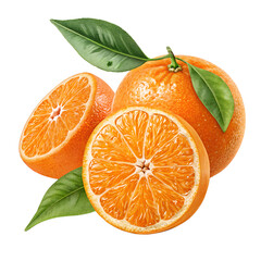 Fresh whole and sliced oranges with green leaves on a white background