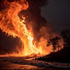 Dramatic Orange Flames Photo, Intense Fiery Blaze, Explosive Fire Burst, Swirling Flaming Inferno, High-Contrast Fire Texture with Burning Embers and Flickering Firelight, High Resolution”

