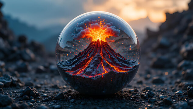 Captivating Volcanic Eruption Encapsulated in a Glass Sphere Detailed Illustration