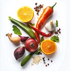 Temperos diversos, Frutas, verduras, temperos frescos. Isolados em fundo branco.

