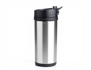 Silver Stainless Steel Water Bottle on White Background
