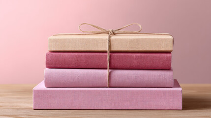 Four gift boxes in shades of pink and beige are stacked on a wooden surface, tied with a simple twine bow. Gift giving, pastel colors, minimalism