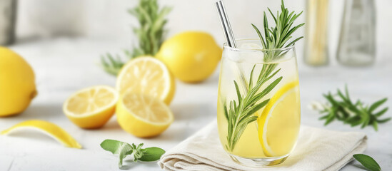 A glass of lemonade with rosemary and lemon slices sits on a cloth, surrounded by whole and halved lemons. Refreshing lemon beverage concept