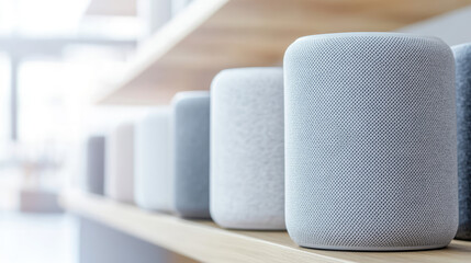 Smart speakers are lined up on a wooden shelf. Modern technology, home automation, audio devices
