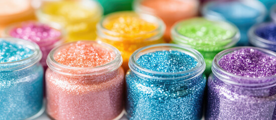Jars filled with colorful glitter are arranged closely together on a surface. Vivid and vibrant colors