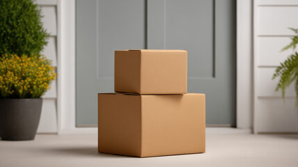 Two cardboard boxes are stacked in front of a front door, outdoors. Package delivery concept