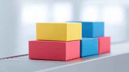 Obraz premium Colorful cardboard boxes in yellow, red, and blue are stacked on a conveyor belt. Concept: Logistics, packaging, automation, warehouse operation