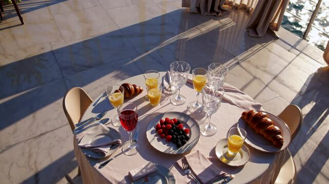 Morning sun lights round table on marble deck, sea sparkles beside round table, friends toast over fruit around round table moments. Concept coastal brunch