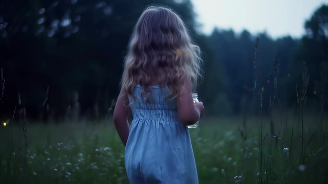 A young girl with a jar, capturing the magic of fireflies in an enchanted meadow