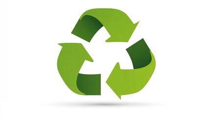 Obraz premium Green, 3-arrowed recycle symbol with a subtle shadow, isolated on white