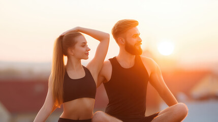 Two people in athletic wear practice yoga on a rooftop against a sunset. Fitness, wellness, yoga, couple, outdoor exercise