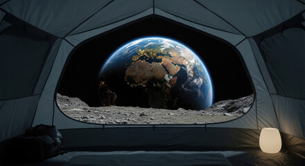 View from inside a tent on the moon looking out at earth with a lamp providing light inside tent