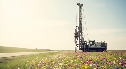 Fototapeta premium Groundwater Exploration Rig Stands Proudly In A Vibrant Meadow Landscape