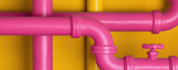 Pink pipes with joints and a valve are arranged against a yellow background. Industrial design, vibrant colors