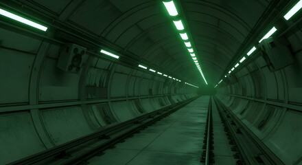 Eerie Green Lit Subway Tunnel With Tracks Disappearing Into Dark Distance