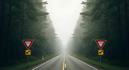 Eerie Forest Roadway With Yield Sign In Misty Atmosphere Perspective