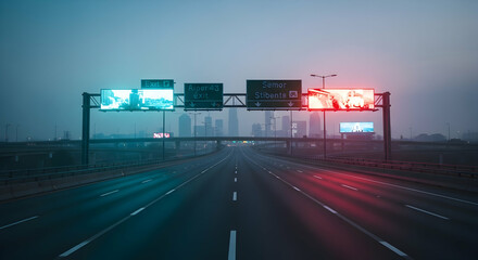 Eerie Highway Leading Into A Distant Metropolis With Glowing Billboards
