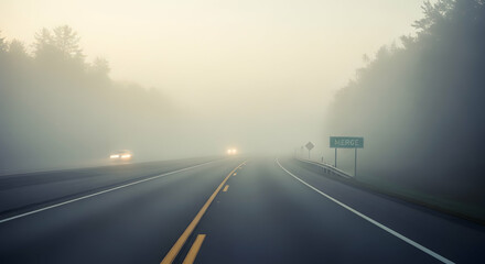 Eerie Highway Under Blanket Of Fog With Headlights Of Approaching Car