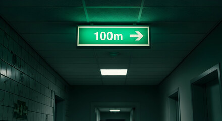 Eerie Illuminated Sign Directing Down Hallway Showing Distance In Meters