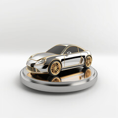 Stylish isolated car icon in silver and gold colors on a reflective base for design and decoration purposes