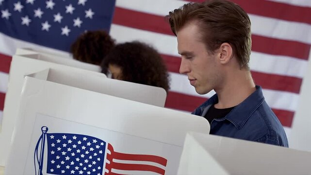 People Casting Ballots with American Flag Backdrop A Moment of Civic Participation and Political Engagement