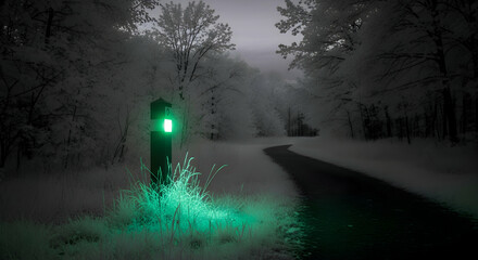 Eerie Pathway Glows With Emerald Light In A Mystic Winter Woodland Setting