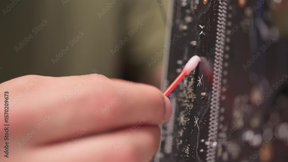 Poster a close up view of a hand engaged in the process of cleaning a circuit board component