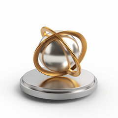 Metal space sign icon with a silver sphere and golden rings on a reflective base for modern design