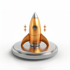 Metal space sign featuring a simple icon of a rocket design on a sleek base