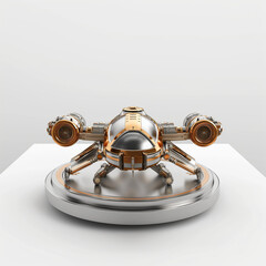 Detailed metal drone design showcasing sleek lines and futuristic elements with intricate features, highlighted against a minimalist background