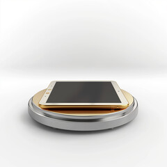 Metal tablet device displayed on a sleek round charging pad in a modern setting with a minimalist design