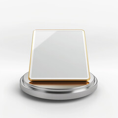 Sleek metal tablet device with reflective surface and modern design placed on a stylish charging dock