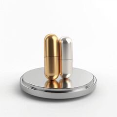 Metal vitamin capsules in gold and silver colors displayed on a reflective circular surface