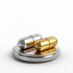 Metal vitamin capsules in silver and gold colors displayed on a reflective surface