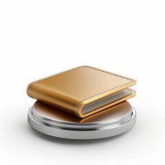 Metal wallet design showcased on a reflective pedestal in a minimalist setting