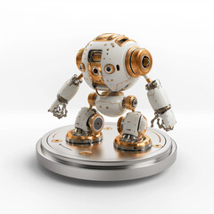Unique metal war robot model with intricate design features and advanced detailing in a studio setting