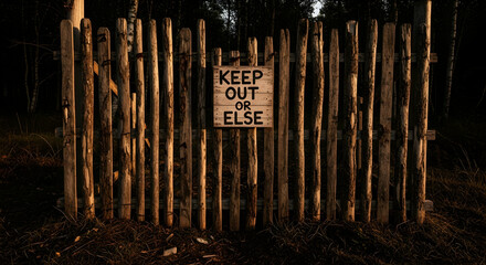 Eerie Rustic Wooden Gate With Warning Sign Bordering Dark Forest Pathway