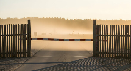 Foggy Morning Landscape Behind Wooden Fence With Red And White Barrier Arm