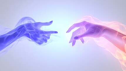 Obraz premium Two ethereal hands, tinged with vibrant hues, reach towards each other, suggesting connection and communion in a soft, pastel light