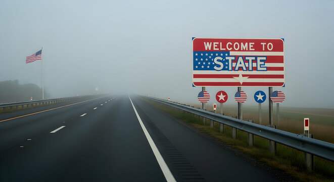 Foggy Morning Drive: A Welcome Sign on the Roadside Displaying American Patriotism - Powered by Adobe
