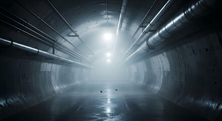 Eerie Underground Passage With Bright Light Tunnel Vision And Pipe System