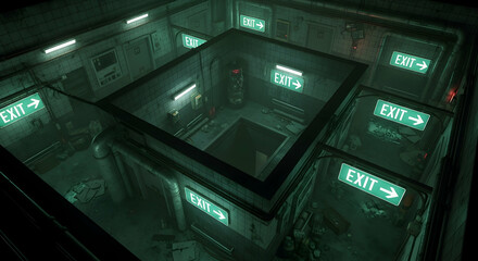 Eerie Underground Facility With Illuminated Exit Signs And Intricate Piping System