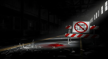 Eerie Urban Scene With A Road Blockage And Scattered Glass Shards