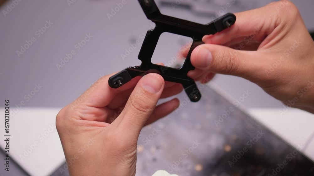 Aufkleber hands skillfully assembling a black component for an exciting technology project