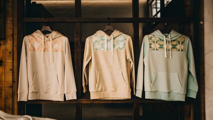 Three hoodies hanging on a wooden rack with different patterns and colors in a well lit environment