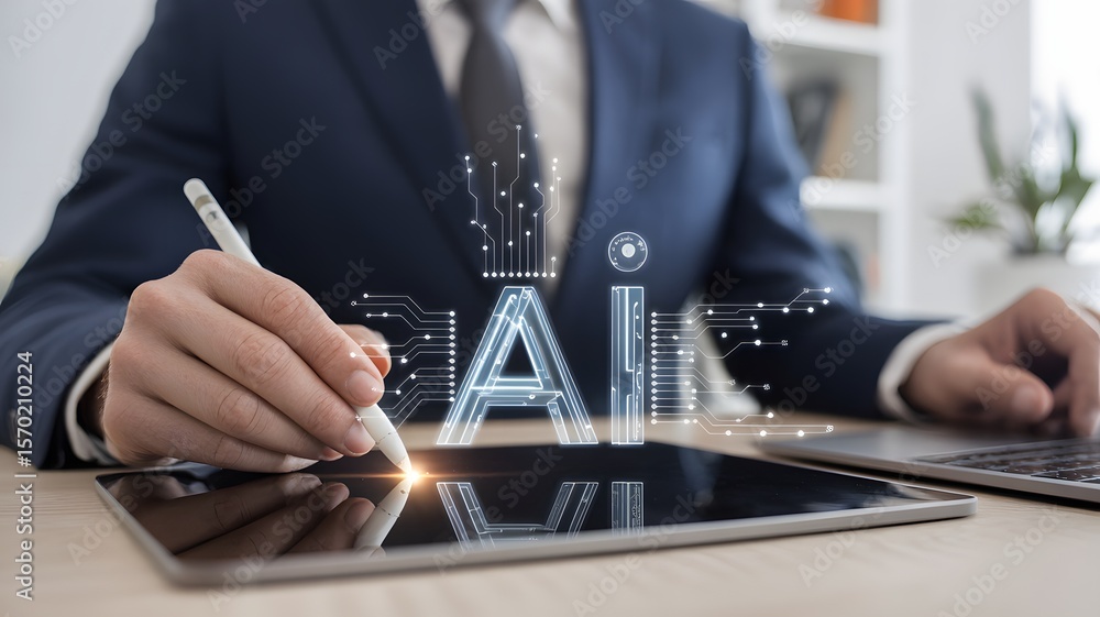 Poster businessman using digital tablet with artificial intelligence concept ai technology innovation data 