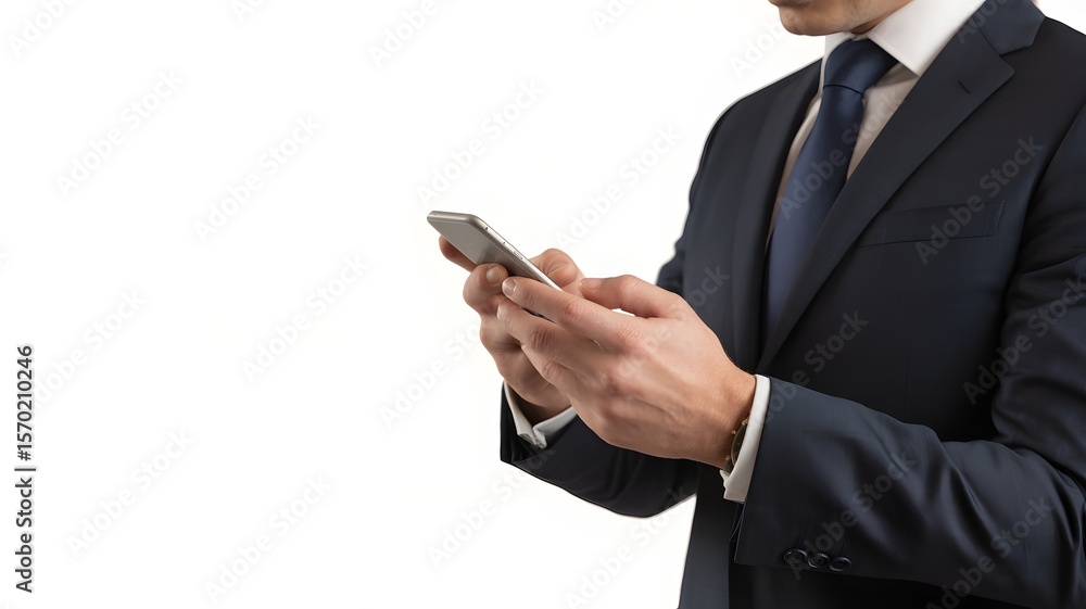 Poster businessman using smartphone digital communication mobile technology corporate connection online mes
