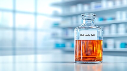 A clear glass vial containing Hydroiodic Acid, with a blurred pharmacy backdrop.